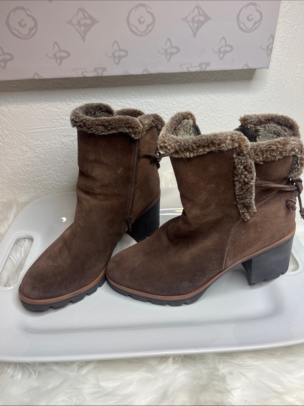 Naturalizer Brown Suede Shearling-Trim Heel Boots